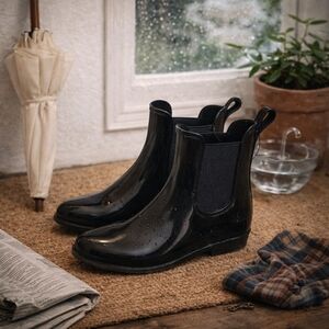 A New Day Black Chelsea Rain Boots Waterproof Glossy Ankle Boot 6
